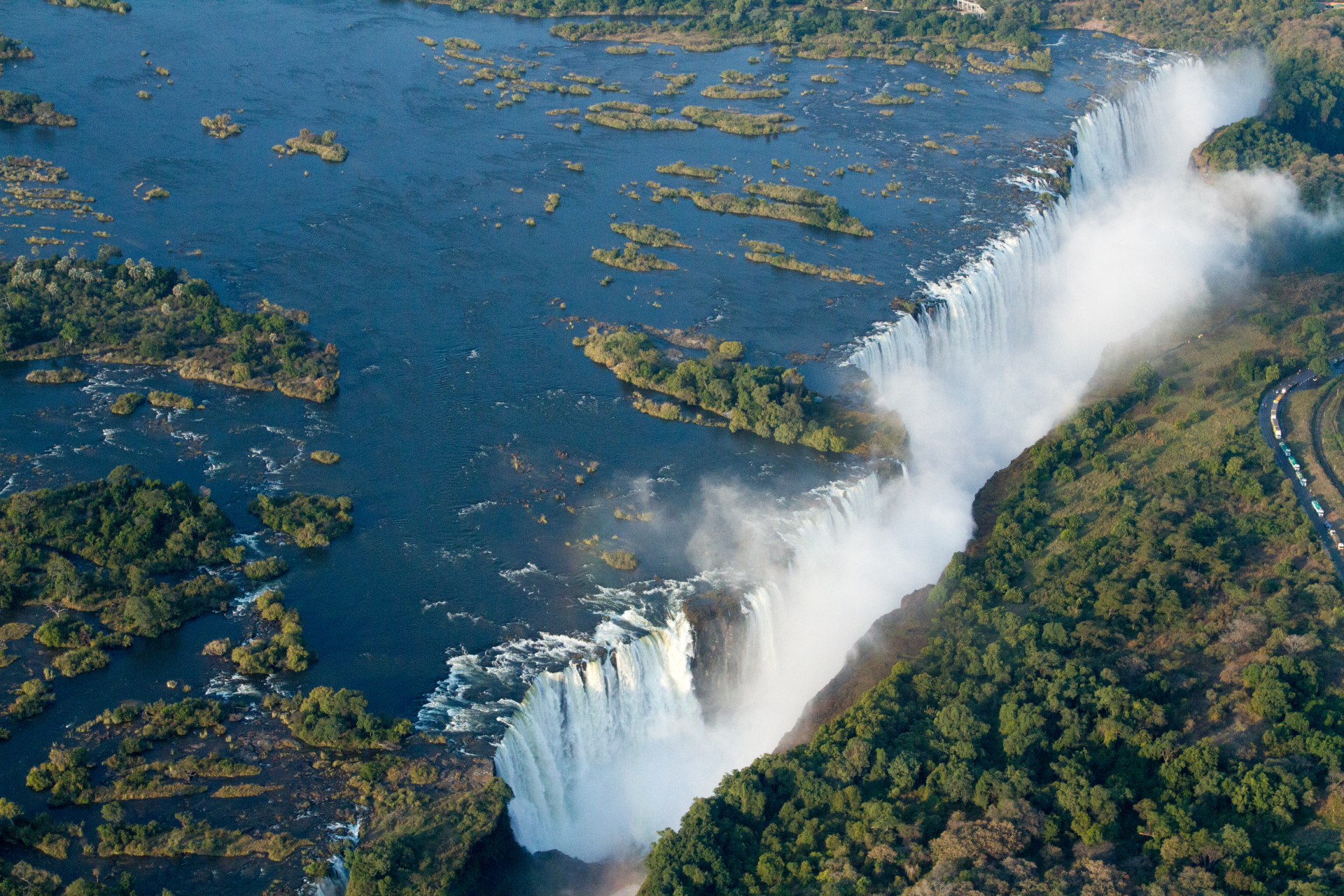 Aerial view of Victoria Falls and the Zambezi River